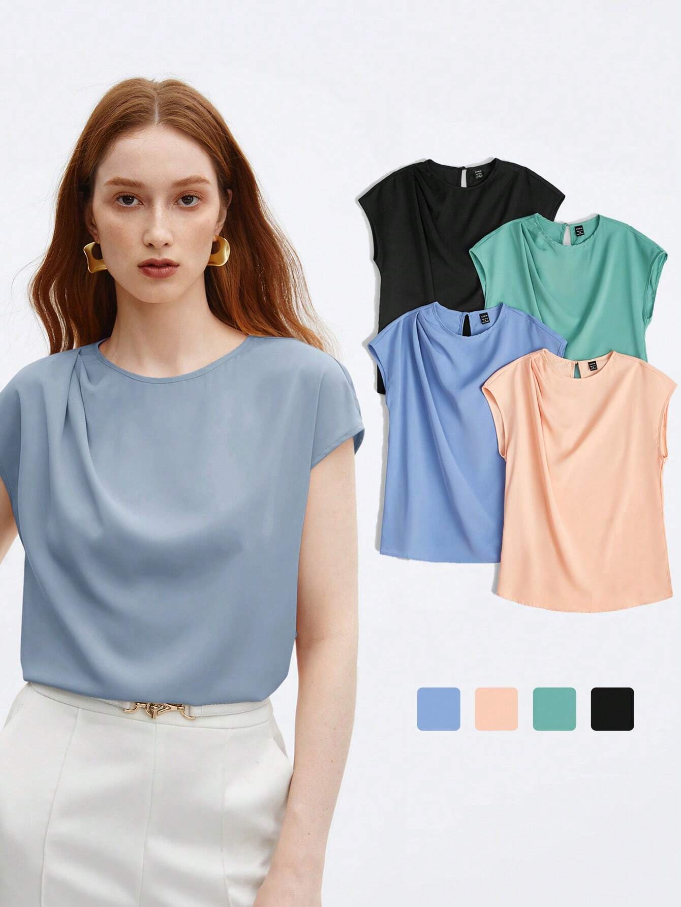 BizChic Nouvelle blouse à col rond plissé à l'épaule, bleue