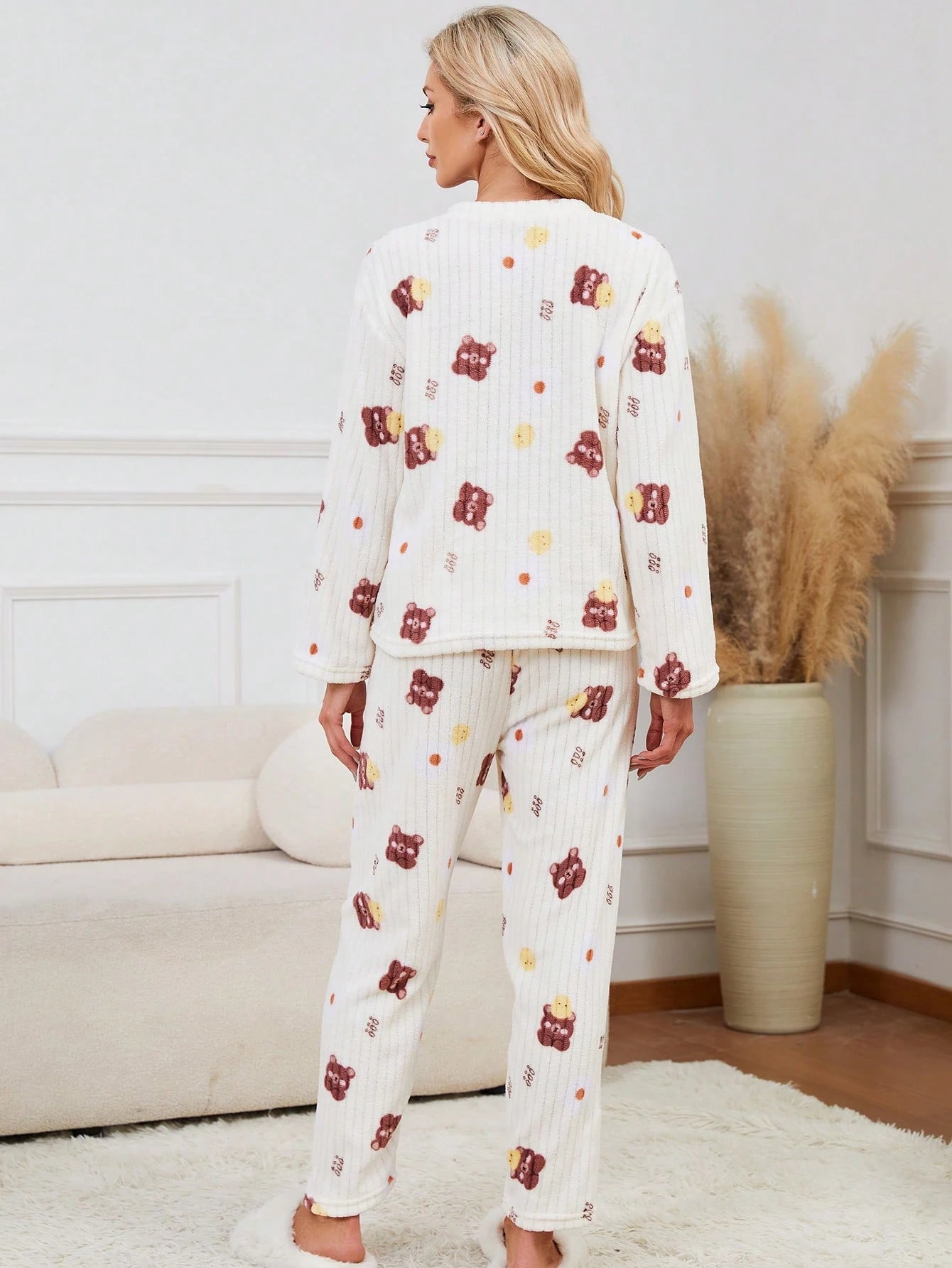 2 pièces Ensemble de pyjama femme d'hiver mignon avec ours en peluche