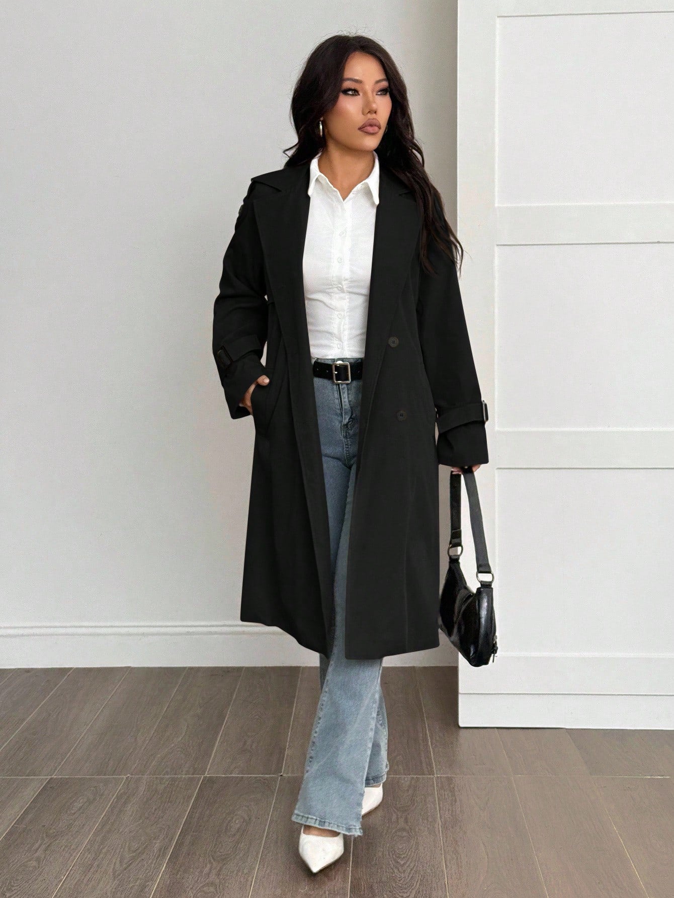 SHEIN PETITE Manteau trench doublé thermique de couleur unie simple, décontracté et pratique pour le quotidien. Automne/Hiver