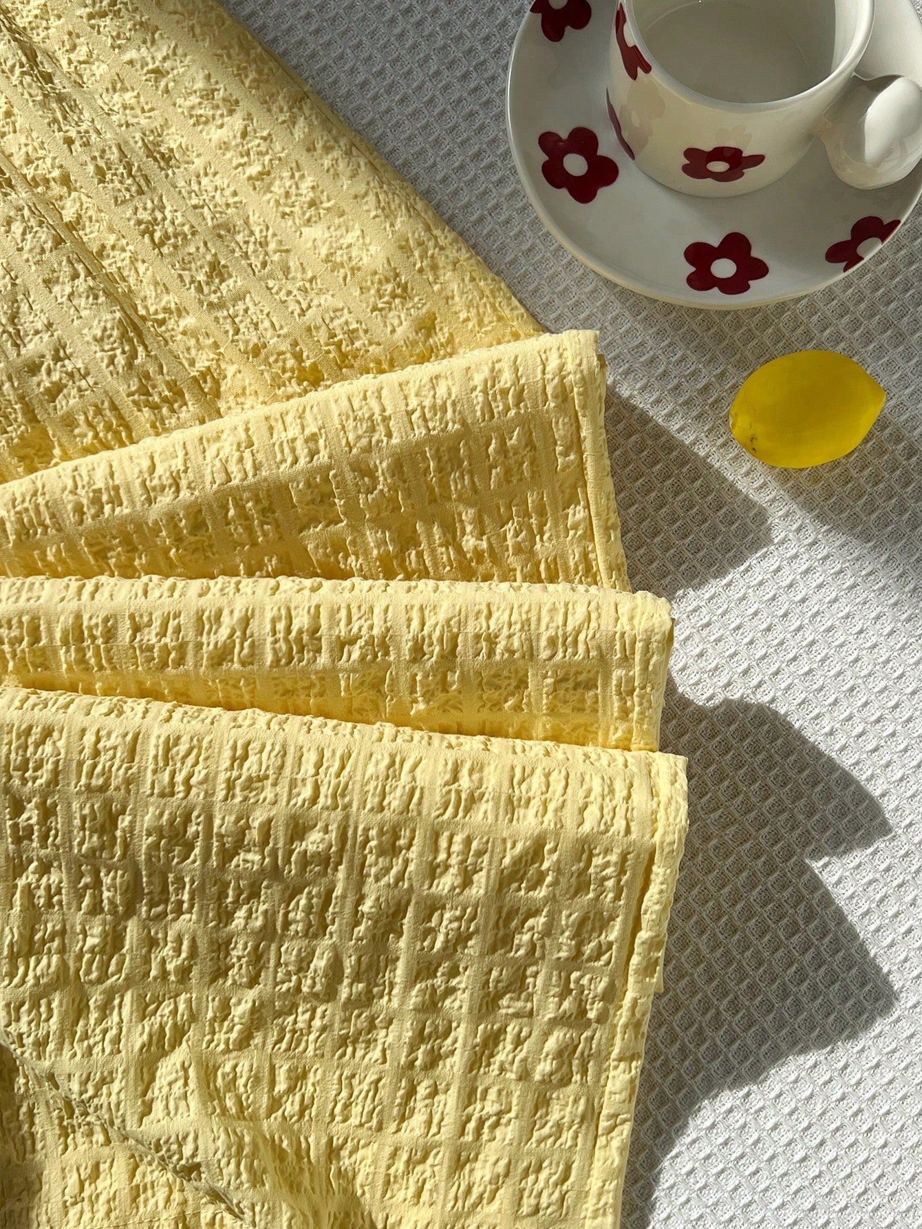 Elamini Pantalon droit à taille basse en coton jaune froissé avec cordon de serrage et poches