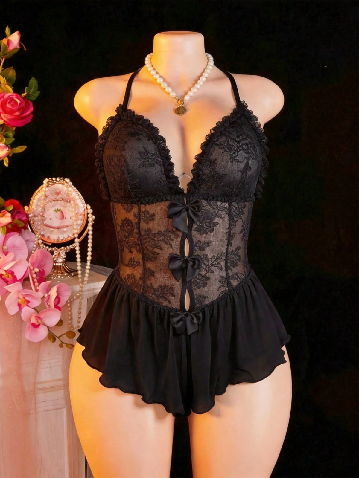 SHEIN Seductive Lace Ruffle Mesh Jumpsuit Party Black Summer