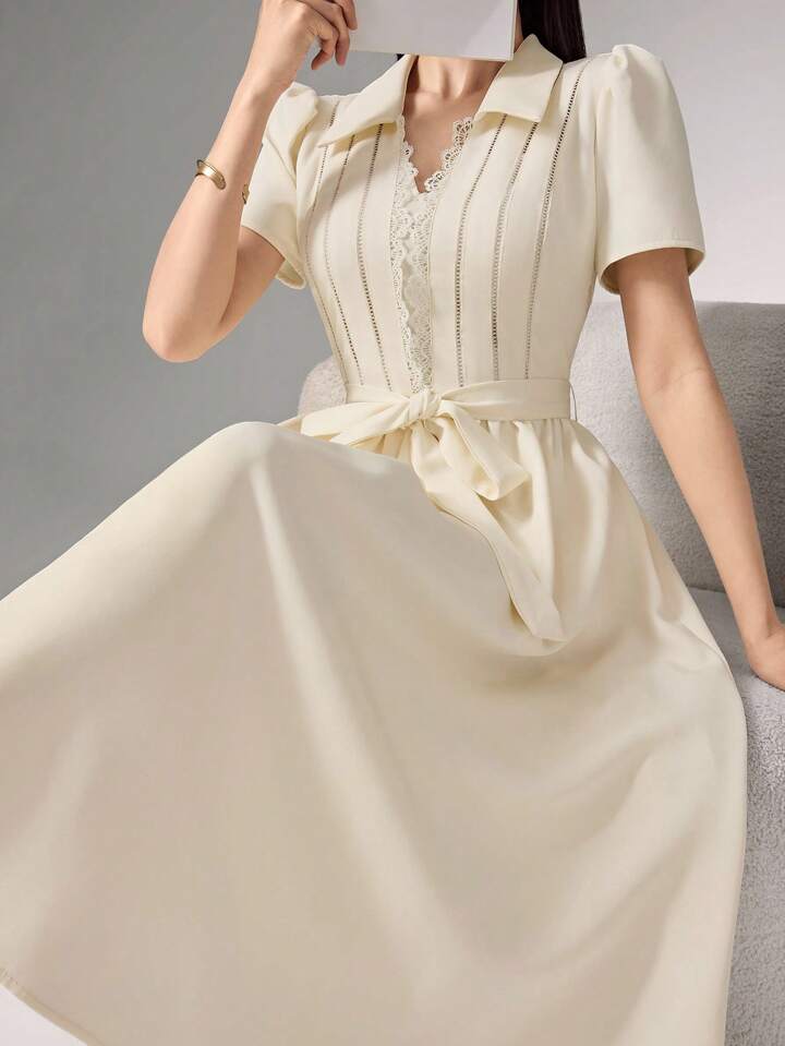 Heiryn Robe Mi-Longue Élégante Pour Femmes Avec Manches Bouffantes De Couleur Unie