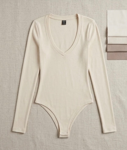 Ensemble de body en tricot uni, manches longues épousant la forme, col en forme de cœur pour femmes