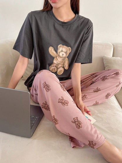 DAZY Conjunto de pijama de camiseta y pantalones con estampado de oso para verano