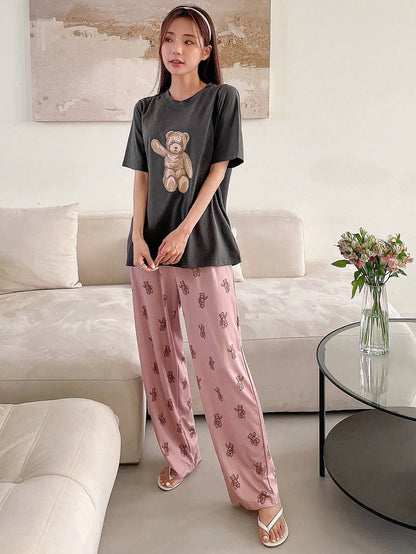 DAZY Conjunto de pijama de camiseta y pantalones con estampado de oso para verano