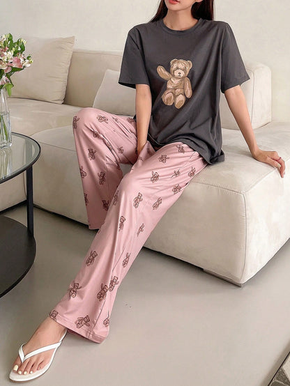 DAZY Conjunto de pijama de camiseta y pantalones con estampado de oso para verano