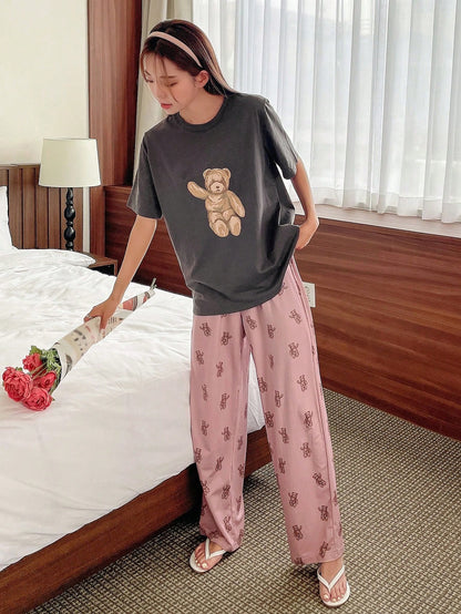 DAZY Conjunto de pijama de camiseta y pantalones con estampado de oso para verano