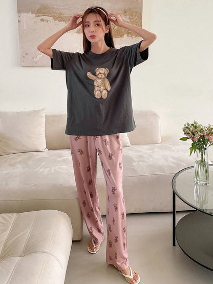 DAZY Conjunto de pijama de camiseta y pantalones con estampado de oso para verano
