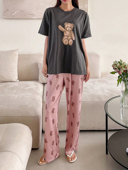 DAZY Conjunto de pijama de camiseta y pantalones con estampado de oso para verano