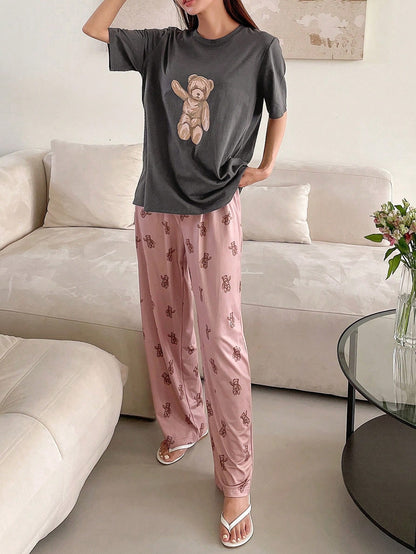 DAZY Conjunto de pijama de camiseta y pantalones con estampado de oso para verano