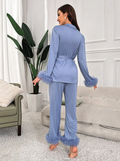 Slumberist Ensemble de pyjama ceinturé unicolore, vêtements d'automne et d'hiver
