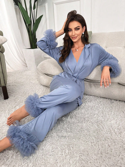 Slumberist Ensemble de pyjama ceinturé unicolore, vêtements d'automne et d'hiver