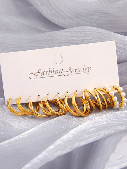 Ensemble De 6 Boucles D'oreilles Simples En Perles Fausses Et En Géométrie Métallique Pour Les Femmes