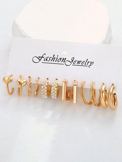 Ensemble De 6 Boucles D'oreilles Simples En Perles Fausses Et En Géométrie Métallique Pour Les Femmes
