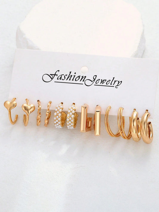 Ensemble De 6 Boucles D'oreilles Simples En Perles Fausses Et En Géométrie Métallique Pour Les Femmes