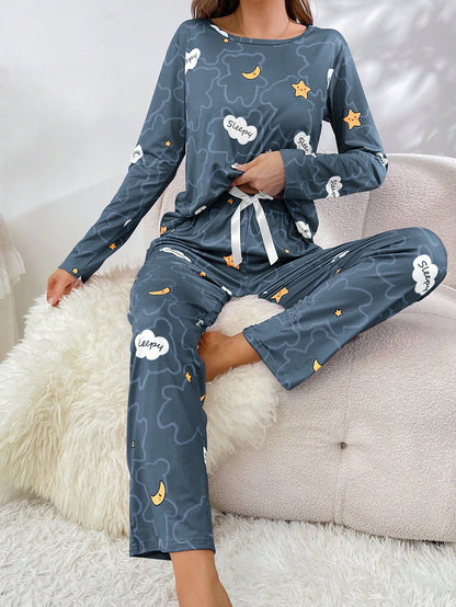 Women's Cloud & Moon Print Pajama Set – Long Sleeve Top with Front Bow Detail