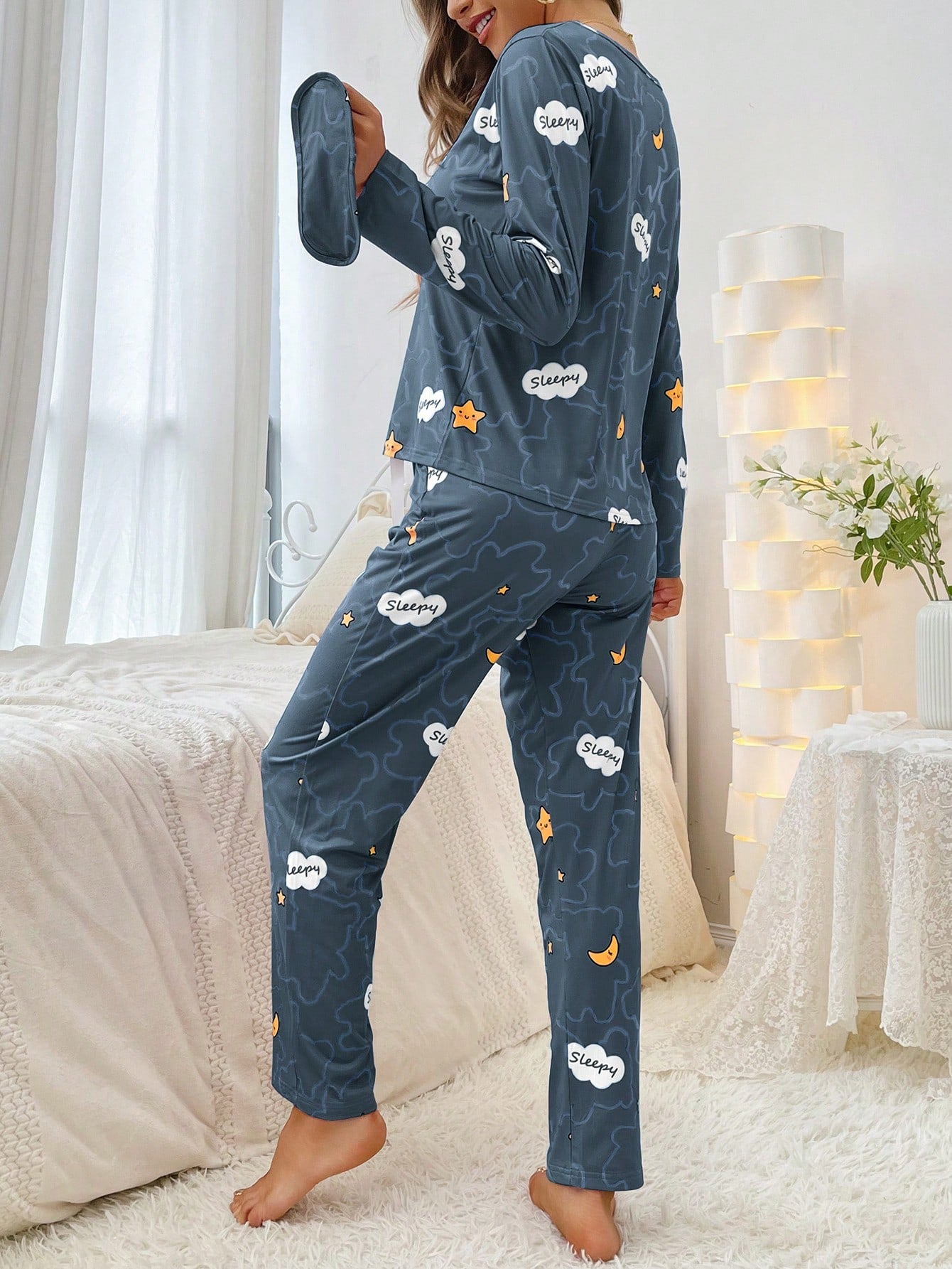 Women's Cloud & Moon Print Pajama Set – Long Sleeve Top with Front Bow Detail