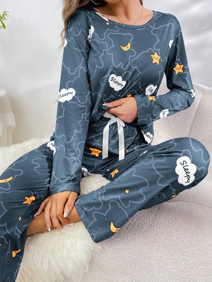 Women's Cloud & Moon Print Pajama Set – Long Sleeve Top with Front Bow Detail
