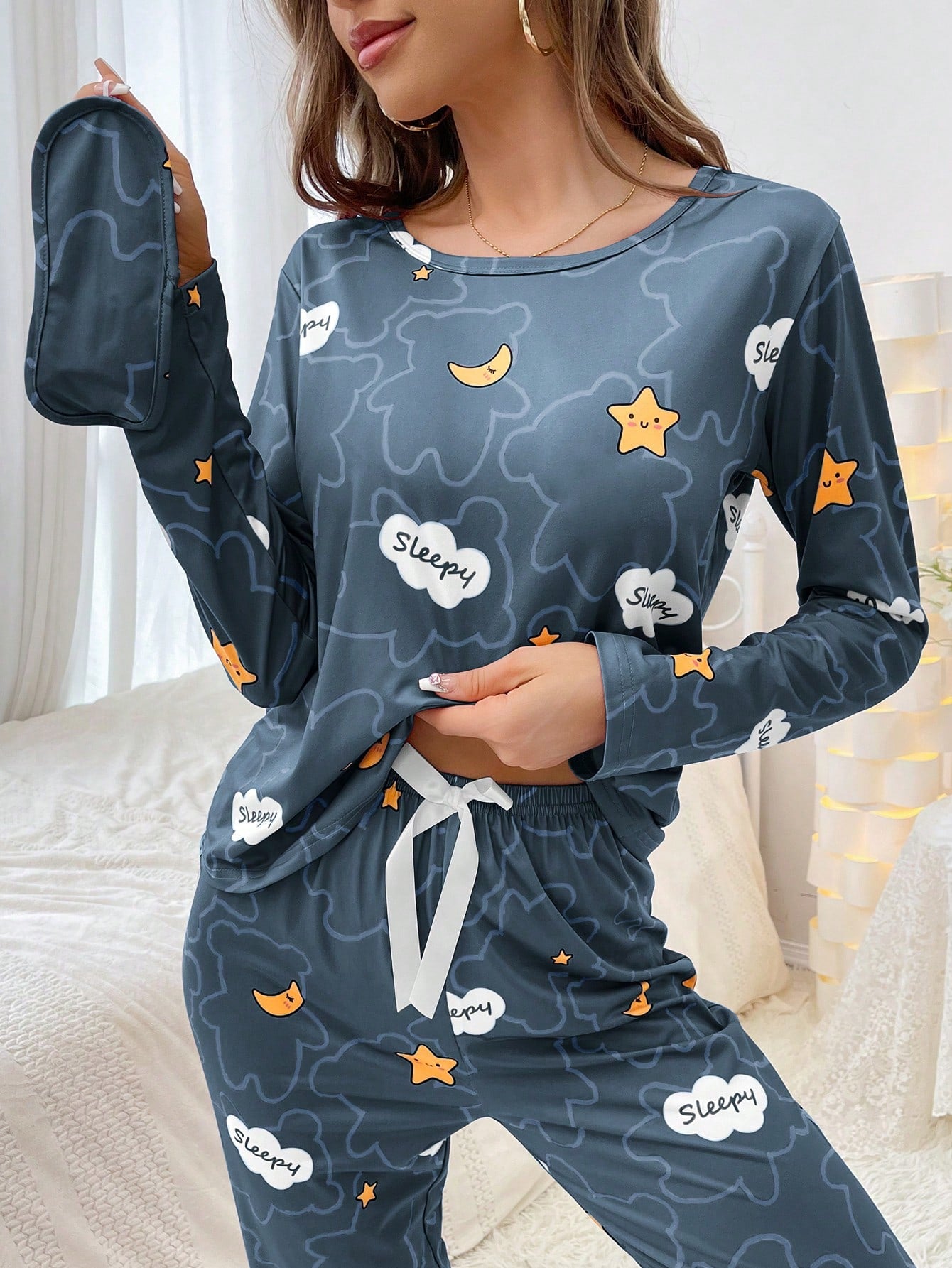 Women's Cloud & Moon Print Pajama Set – Long Sleeve Top with Front Bow Detail