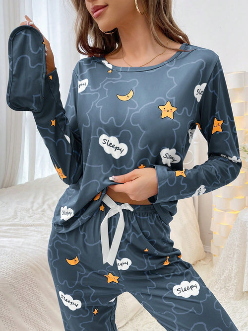 Women's Cloud & Moon Print Pajama Set – Long Sleeve Top with Front Bow Detail