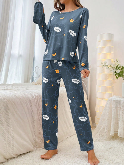 Women's Cloud & Moon Print Pajama Set – Long Sleeve Top with Front Bow Detail
