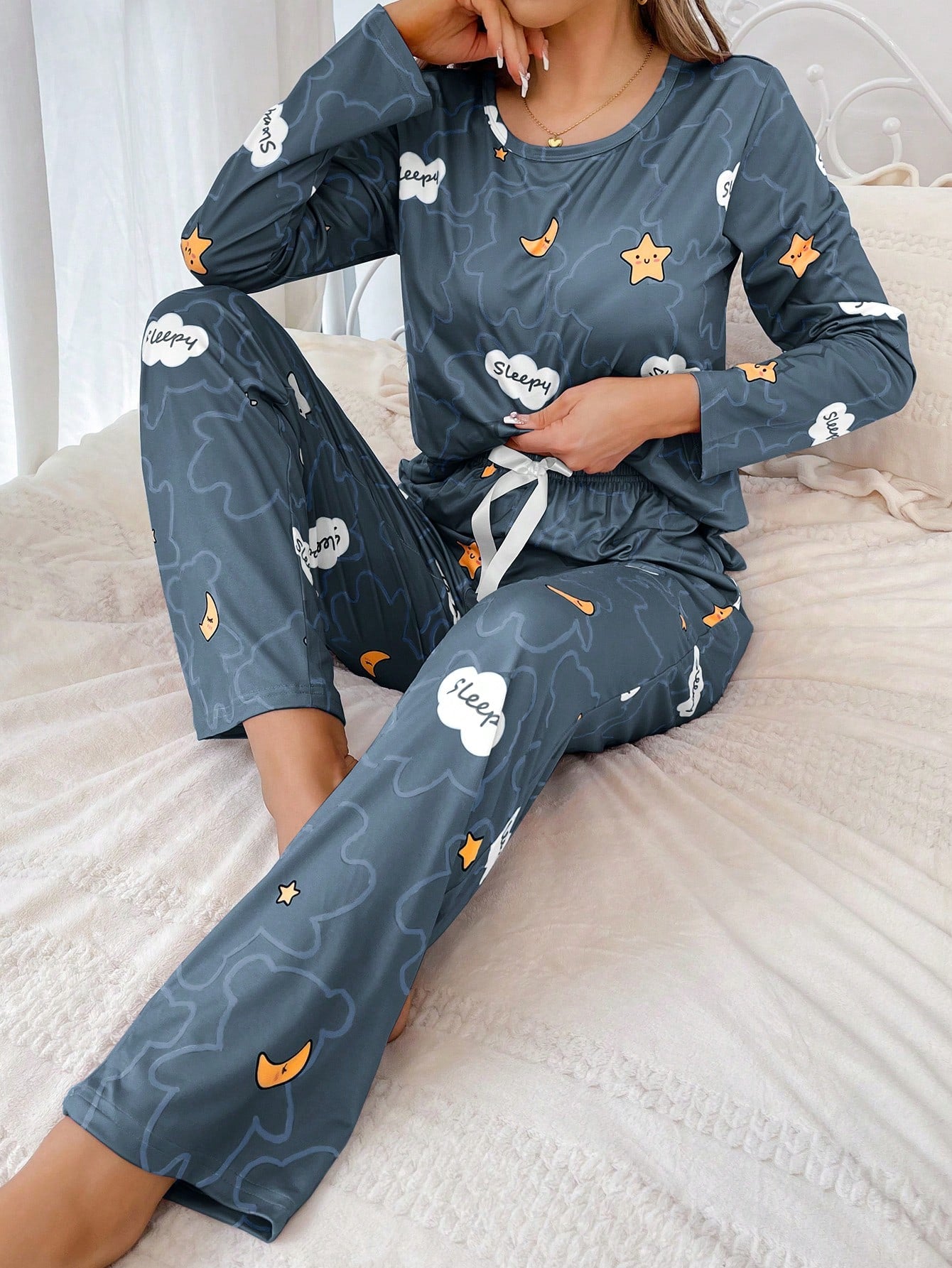 Women's Cloud & Moon Print Pajama Set – Long Sleeve Top with Front Bow Detail