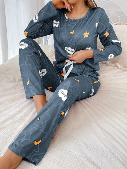 Women's Cloud & Moon Print Pajama Set – Long Sleeve Top with Front Bow Detail