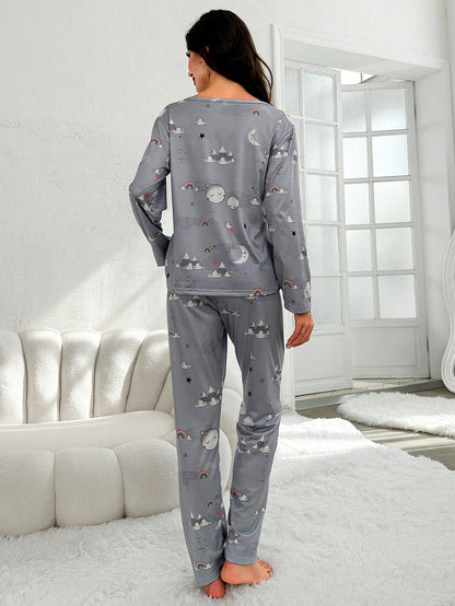 Conjunto de pijama con gráfico de luna y arcoíris de dibujos animados
