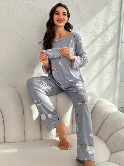 Conjunto de pijama con gráfico de luna y arcoíris de dibujos animados