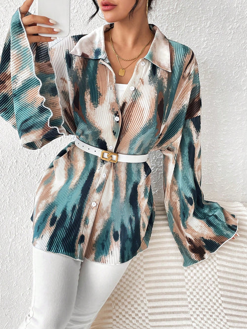 SHEIN Unity Chemise plissée à manches évasées tie-dye pour femmes