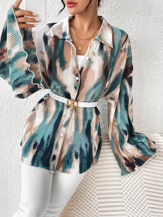 SHEIN Unity Chemise plissée à manches évasées tie-dye pour femmes