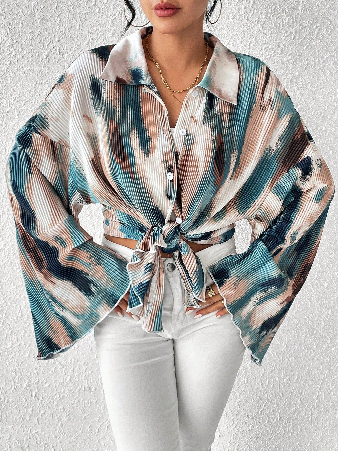 SHEIN Unity Chemise plissée à manches évasées tie-dye pour femmes