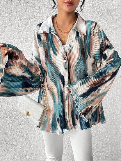 SHEIN Unity Chemise plissée à manches évasées tie-dye pour femmes