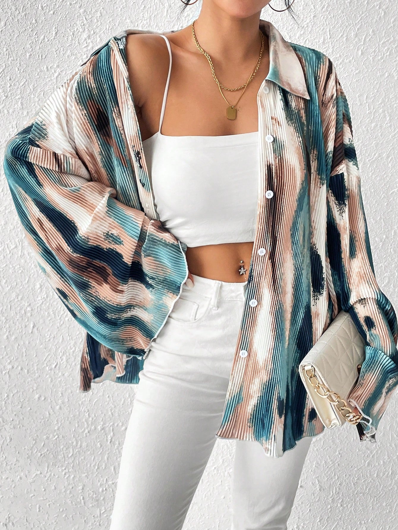 SHEIN Unity Chemise plissée à manches évasées tie-dye pour femmes