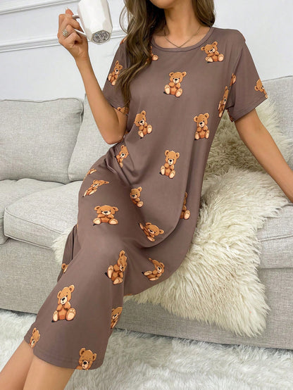 Vestido de pijama de manga corta con estampado de oso, Moo Moo