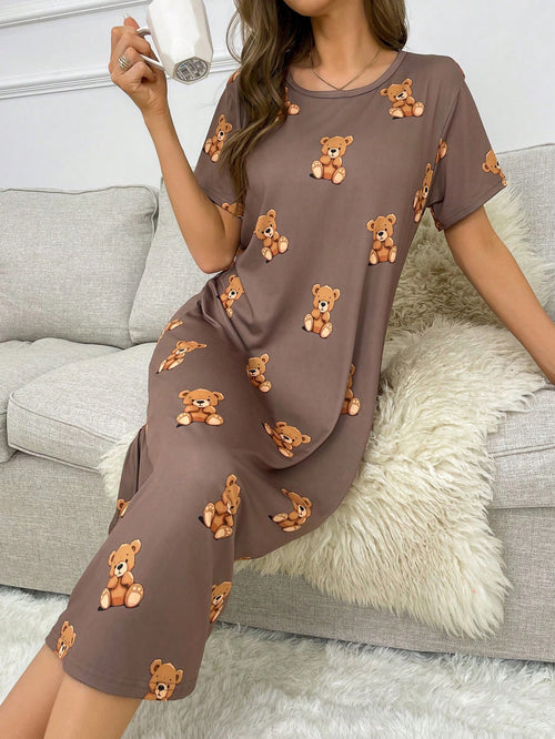 Vestido de pijama de manga corta con estampado de oso, Moo Moo