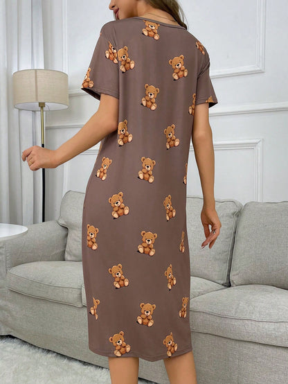 Vestido de pijama de manga corta con estampado de oso, Moo Moo