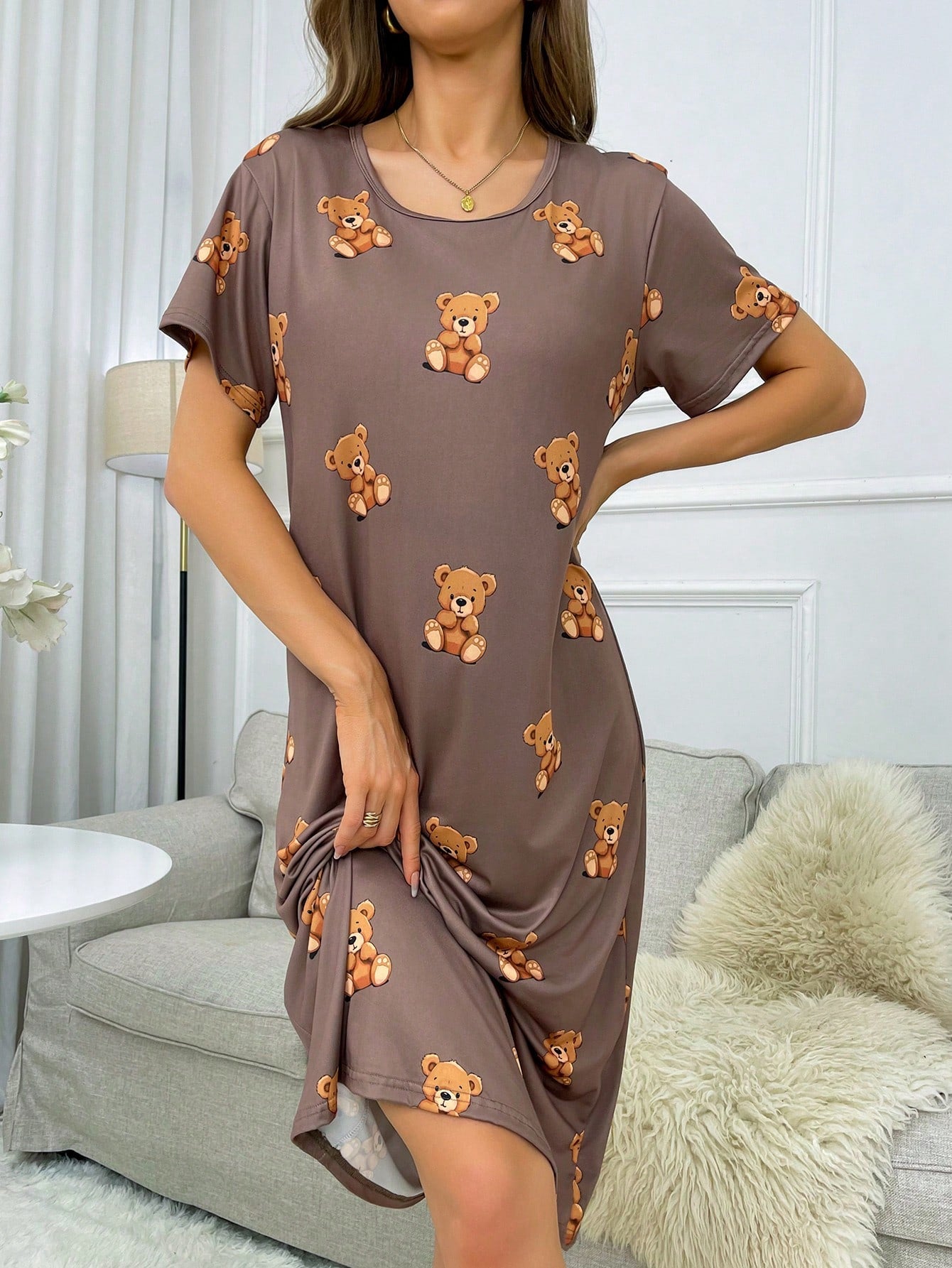 Vestido de pijama de manga corta con estampado de oso, Moo Moo