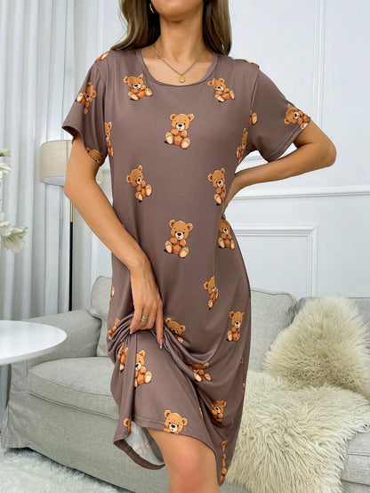 Vestido de pijama de manga corta con estampado de oso, Moo Moo