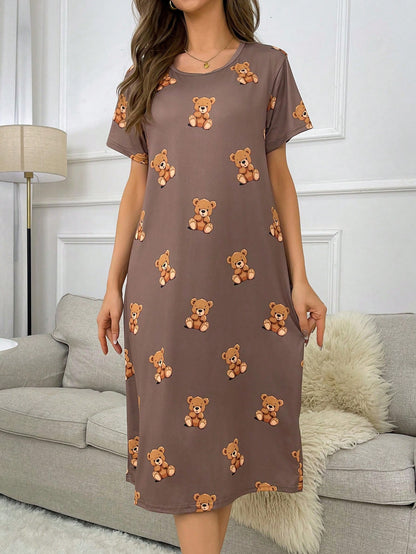 Vestido de pijama de manga corta con estampado de oso, Moo Moo
