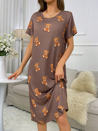 Vestido de pijama de manga corta con estampado de oso, Moo Moo