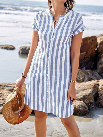 Sylviya Robe chemise à rayures mi-longue à col V et manches courtes pour femmes