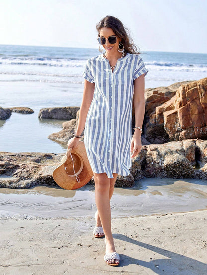 Sylviya Robe chemise à rayures mi-longue à col V et manches courtes pour femmes