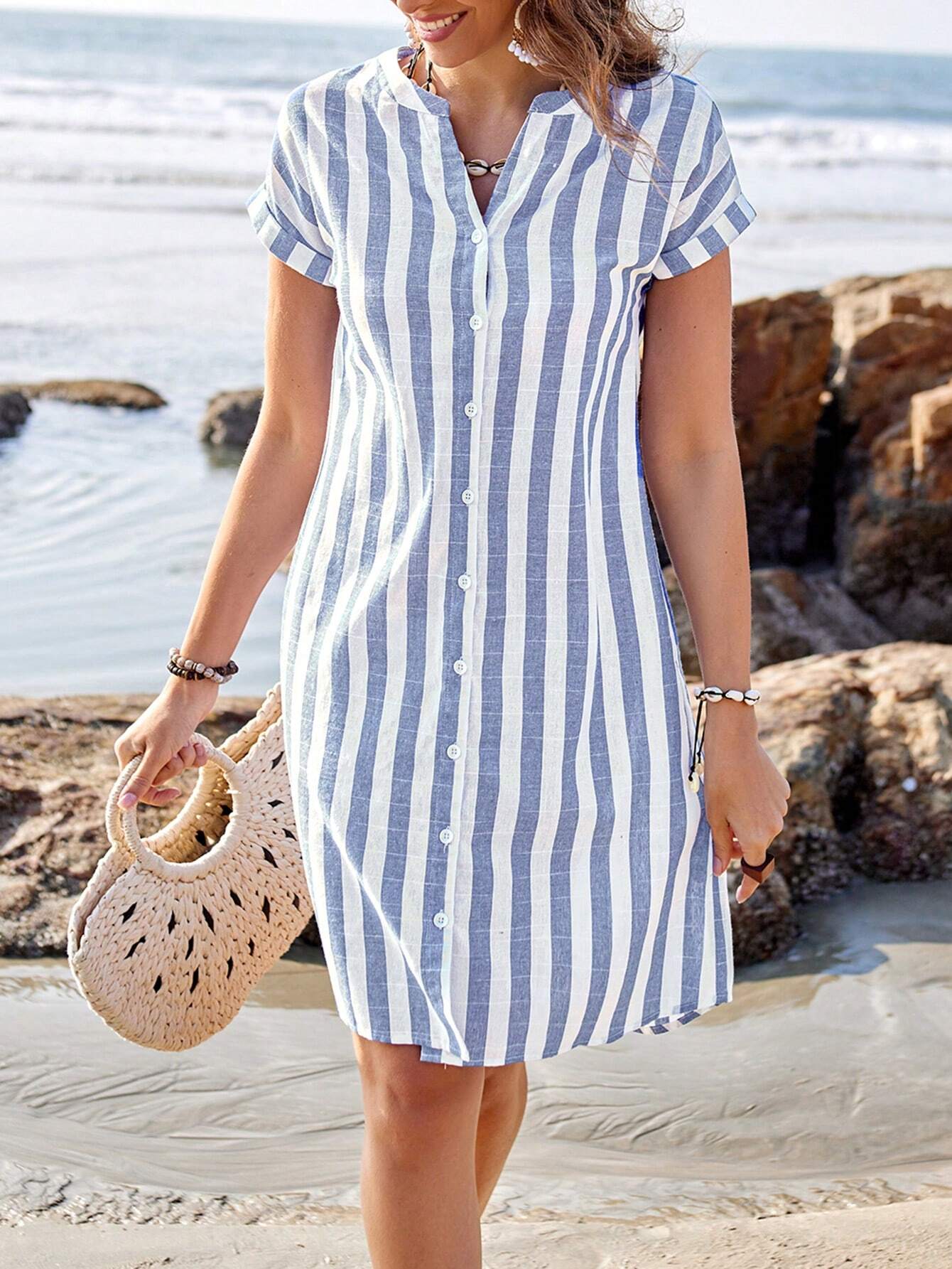 Sylviya Robe chemise à rayures mi-longue à col V et manches courtes pour femmes