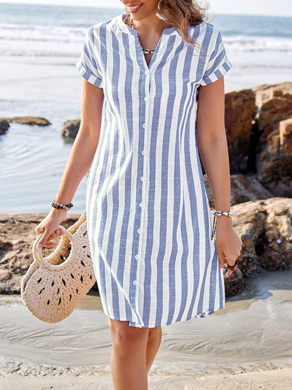 Sylviya Robe chemise à rayures mi-longue à col V et manches courtes pour femmes