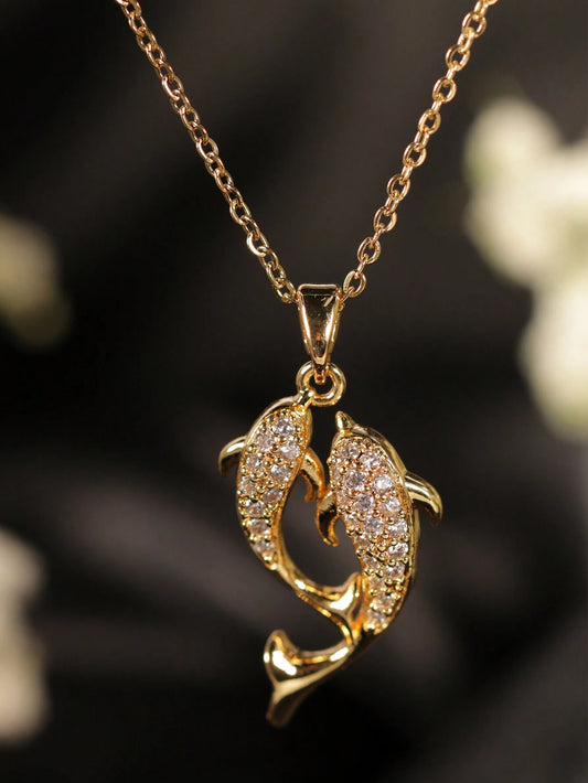 1 pièce Collier en acier inoxydable double poisson plaqué or 18 carats
