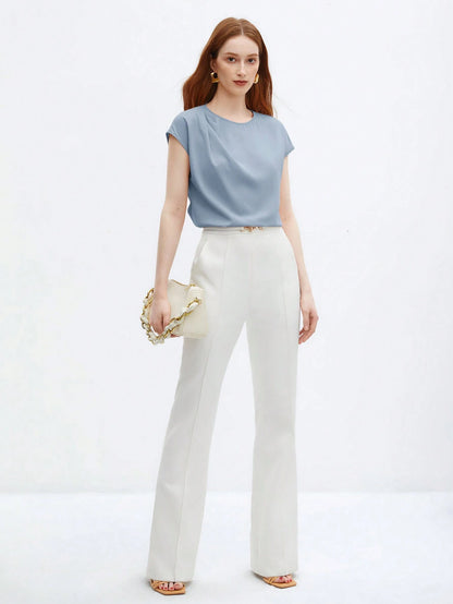BizChic Nouvelle blouse à col rond plissé à l'épaule, bleue