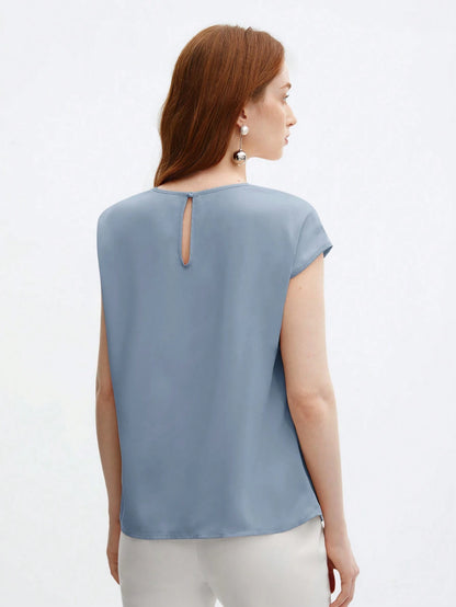 BizChic Nouvelle blouse à col rond plissé à l'épaule, bleue