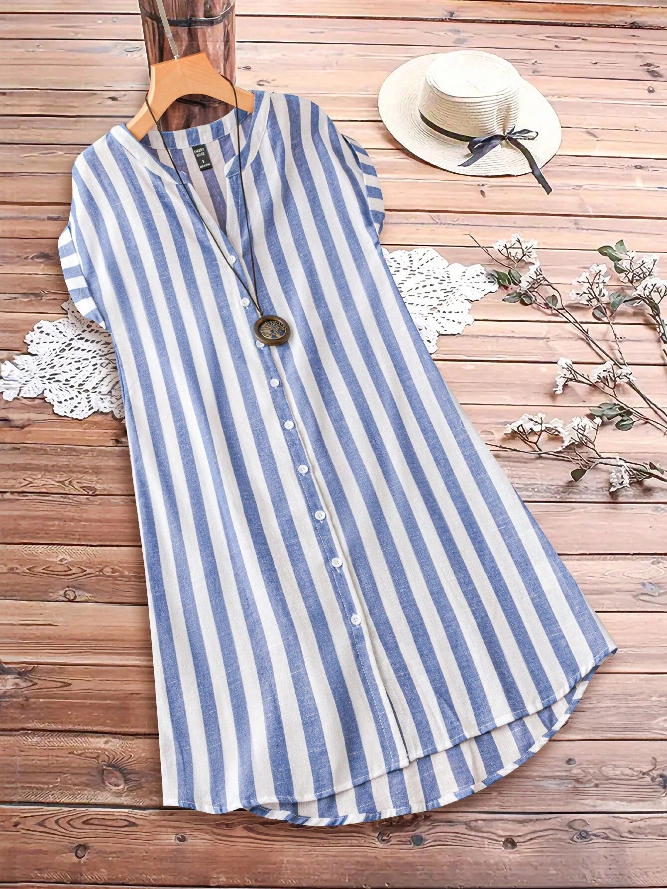 Sylviya Robe chemise à rayures mi-longue à col V et manches courtes pour femmes