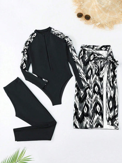 Swim Shayni Burkini de una sola pieza para mujeres con parches y estampados aleatorios
